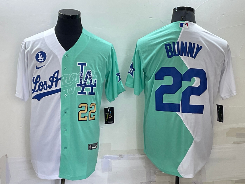 Men's Los Angeles Dodgers #22 Bad Bunny 2022 All-Star White/Green Cool Base Stitched Baseball Jersey Men's Los Angeles Dodgers #22 Bad Bunny 2022 All-Star White/Green Cool Base Stitched Baseball Jersey